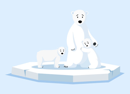 Polar white bear family floating on water on broken ice floe. Wild animal living in antarctica. Large mammal with white fur from north. Melting glacier, climate change and global warming conceptのイラスト素材