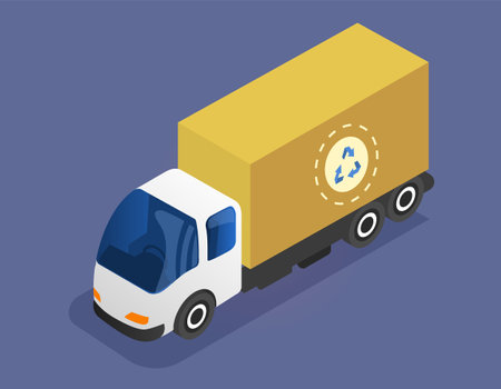 Truck, lorry icon with recycle sign. Delivery, logistics concept. Wagon with trailer for transporting, garbage removal. Vehicle for transpportation and shipping. Delivery of parcels by transportのイラスト素材