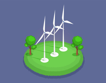 Wind turbines power plant, construction with big propeller. Alternative renewable sustainable wind park power generation, green energy concept. Vector windmill with white vanes, green electricityのイラスト素材