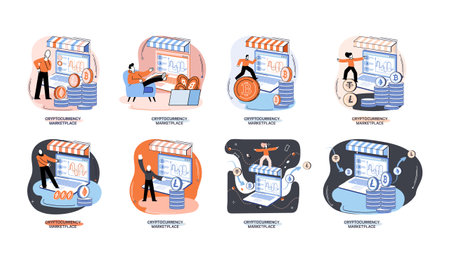 Internet stock market trading, money investment concept. Online currency and blockchain technology. Set of illustrations about cryptocurrency exchange, marketplace. Financial digital payment systemのイラスト素材