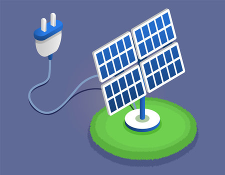 Modern smart electrical solar power plant technology equipment. Digital related asset. Power plant battery energy storage with photovoltaic solar panels and rechargeable li-ion electricity backupのイラスト素材