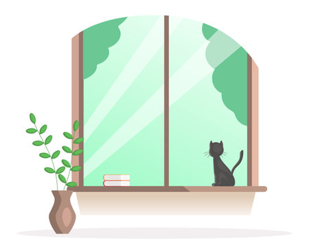 Wooden shutters, flower and cat sitting on windowsill. Window overlooking nature vector illustration. Cozy room with pet and houseplant. House interior design elements. Window with view to treesのイラスト素材