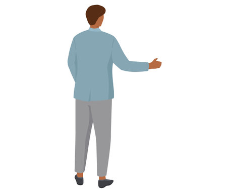 Young guy standing and talking isolated on white background. Man is looking at something behind him. Male character turned back. Person standing with outstretched hand, greet, businessman make gestureのイラスト素材