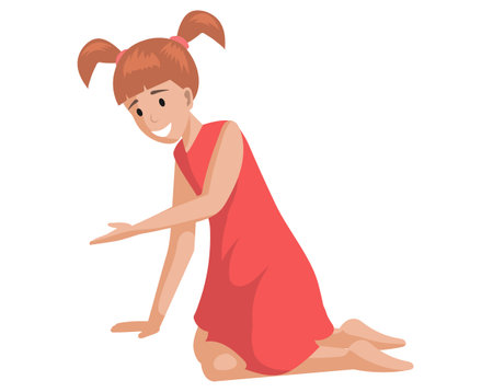 Girl in dress sits and smiles. Cartoon character looking ang pointing at something. Excited child demonstrating with hand. Funny lady with ponytails sitting with outstretched hand vector illustrationのイラスト素材