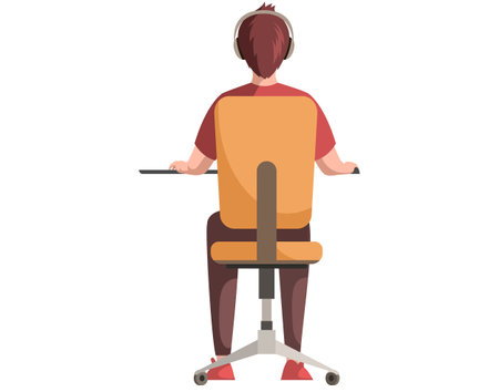 Man working on computer at desk. Back view of guy sitting on chair at workplace. Office employee during work with laptop. Company worker in headphones typing on keyboard. Male character doing jobのイラスト素材