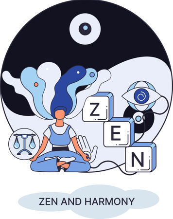 Zen and harmony metaphor, meditation practice. Balance, relaxation, mindfulness. Calm person relaxing. Yoga and spiritual practice, relax, recreation, healthy lifestyle. Japanese cult of mind and bodyのイラスト素材