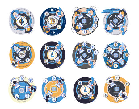 Cryptocurrency trading concept vector set. Investor trading Bitcoin and ethereum with laptop computer. Crypto currency mining, Blockchain technology. Digital cyber banking, ecurrency transactionsのイラスト素材