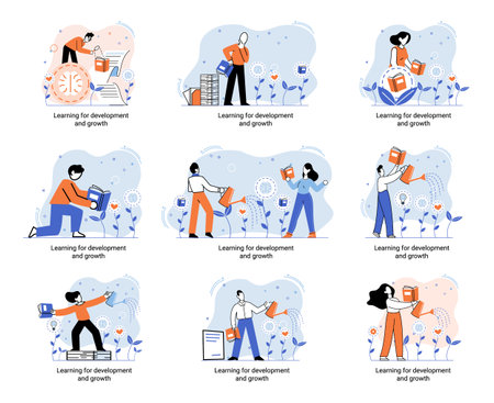 Help in professional development metaphor. Qualified employee training program. Refresher course. Human resource management organization. Business education workshop. School personality growth in teamのイラスト素材
