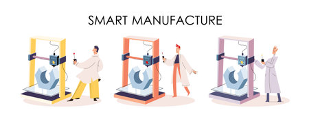 Manufacturing process at automated production industry. Scientist works with robot assembling...