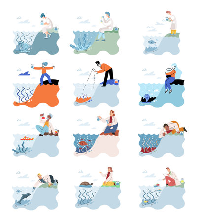 Observation of marine life in wild in order to study and protect them, study of living conditions of wild animals. Ecological researcher conducts experiments ichthyologist analyzing fish in seaのイラスト素材