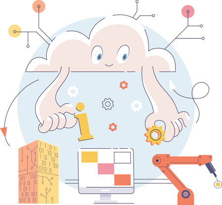 Smart manufacture, automation development metaphor. Innovative smart industry product design, manufacturing process, automated production line, delivery and distribution robots machinery: industry 4.0のイラスト素材