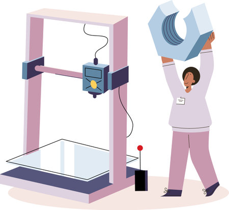 Manufacturing process at automated production industry. Technical and science innovation. Smart manufacture, automation and development concept. Man holding finished product of machine productionのイラスト素材