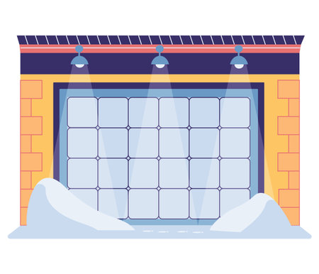 Garage door from various material with mechanical or automatic control system. Roller gate in premises for storing vehicles. Roll door in garage, car house storage isolated on white backgroundのイラスト素材