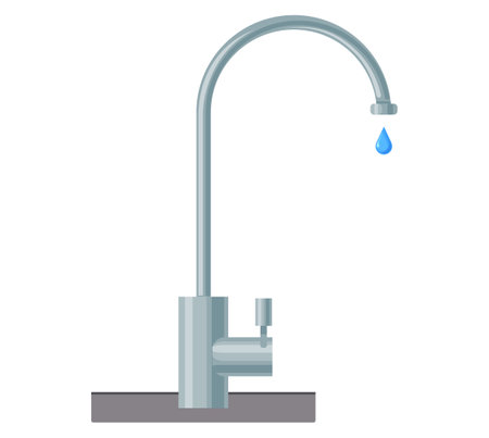 Grey water tap icon isolated on white background. Metal crane with falling drop. Faucet device by which flow of liquid or gas from pipe can be controlled. Plumbing item for kitchen or bathroomのイラスト素材