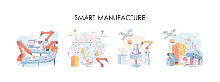 Smart manufacture, automation development metaphor. Innovative smart industry product design, manufacturing process, automated production line, delivery and distribution robots machinery industry 4.0のイラスト素材