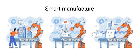 Smart manufacture metaphor with automated production line. Innovative contemporary smart industry product design, delivery and distribution with people, robots and machinery, conveyor assembly lineのイラスト素材