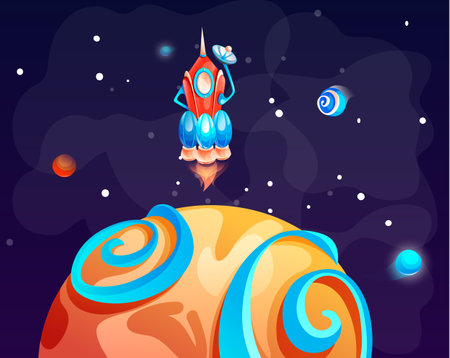 Cosmic background with rocket in dark space, alien planet deserted landscape with mountains, rocks, deep craters and stars shine in space. Extraterrestrial computer game backdrop with spaceshipのイラスト素材