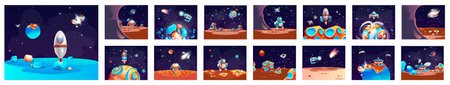 Space planet landscape set, cosmic game background with spaceship, alien fantasy asteroid surface....