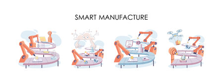 Manufacturing process industry. Scientist robot assembling products. Smart manufacture, automation development metaphor. Smart industry product design, automated production, robots and machinery 4.0のイラスト素材