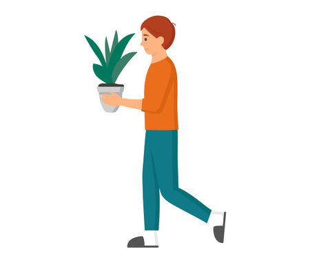 Teenager carries plant in pot taking care of houseplants. New family home concept, moving and rearranging items in interior. Cartoon boy isolated on white background standing with potted green bushのイラスト素材
