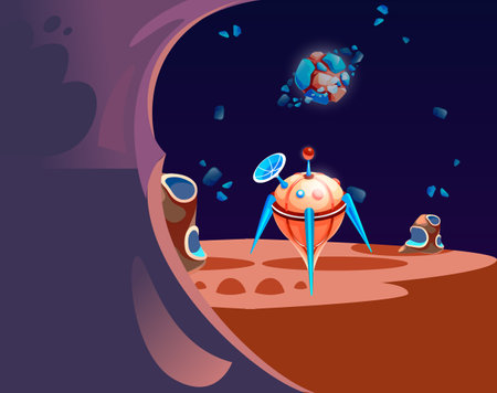 Fantastic scene of space alien mountain scenery. Cosmic area, someone planet surface, extraterrestrial spaceship. Cartoon game location. Background for games apps. Futuristic location in galaxyのイラスト素材