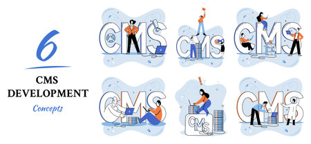 Digital content management system, CMS development software metaphor. Information system or computer program enable organize collaborative process of creating, editing and managing soft in networkのイラスト素材
