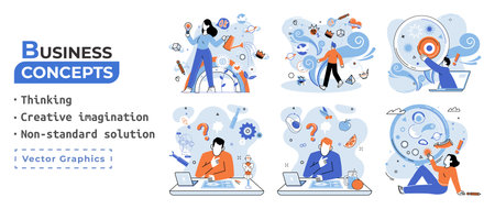 Non standart solution, thinking, creative imagination business concepts set. Solving problem, answer to hard question or creativity idea and innovation help business success, great decision, challengeのイラスト素材