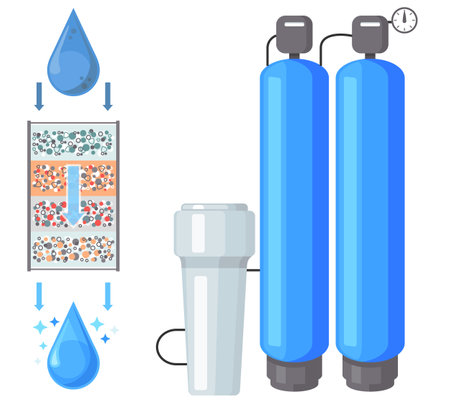 Household filter to purify your drinking water, liquid container. Device for water purification from mechanical, insoluble particles, impurities, filtration system flow type filter for tap waterのイラスト素材