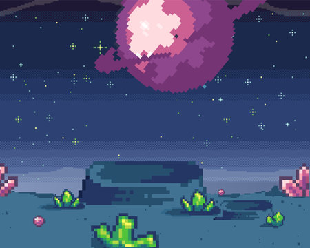 Pixel art cosmic area, game location. Scene with fantastic planets in outer space. Futuristic spaceships during war in space. Pixel retro program about space interface. Pixelated design vectorのイラスト素材