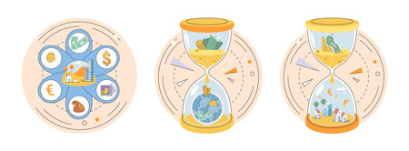 Time and money, deferred payment, financial system of global economy, capital investment, business timer countdown. Hourglass with coins and money turn into planet. World stock exchange vector setのイラスト素材