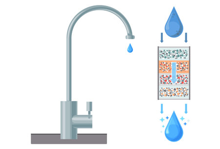 Plumbing fixture faucet. Drop of water purified through filter. Water treatment system scheme. Water filter circuit, movement. Cleansing liquid by lowering contamination. Sectional mechanical filterのイラスト素材