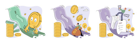 Financial audit concepts set. Character calculates and fills taxes from, analyzes public finances, puts tick in document. Economic fall and rise. Person earns and multiplies money. Achieving successのイラスト素材