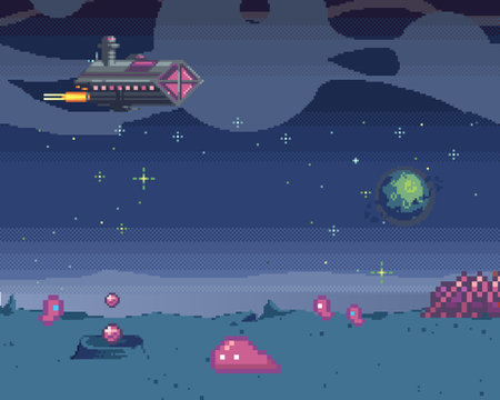 Cosmic scene in pixel art. Pixelated location for game or application. Background of space and spaceship. Fantastic landscape with objects, UFO and stars. 8 bit video game. Galactic videogame areaのイラスト素材