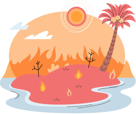 Natural disasters. Forest on fire. Destroyed Earth due to global warming, Drought and catastrophe. Climate change and rising temperatures on planet lead to environmental problems and destructionsのイラスト素材