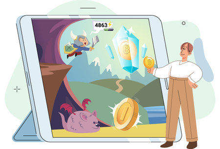 Gaming with cryptocurrency, gameplay to earn, Metaverse, digital world, virtual character . Play to earn games created on basis of blockchain project with elements of NFT. Blackchain mobile gameのイラスト素材