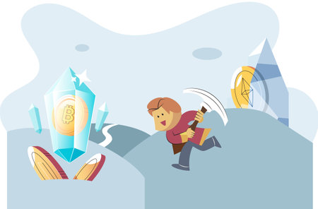 Play to earn, video games in which player can receive rewards with real value, blockchain projects. Cyber cartoon characters playing games to earn cryptocurrencies, trying to find money and power upsのイラスト素材