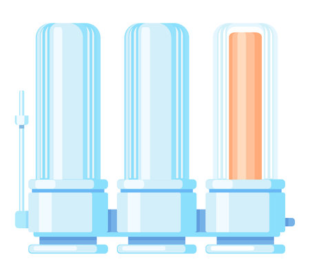 Household filter to purify your drinking water, liquid container. Device for water purification from mechanical, insoluble particles, impurities, filtration system flow type filter for tap waterのイラスト素材