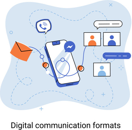 Digital communications formats. Chat messages smartphone, Sms on mobile phone screen, computer application. Chatting, messaging using chat app or social network. Persons cellphone metaphorのイラスト素材