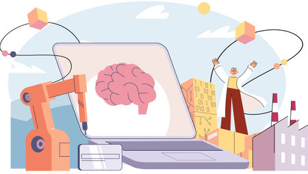Artificial Intelligence, digital brain. Future technology, neural network in industry. Technical and science innovation. Development of modern production. Implementation of scientific technologiesのイラスト素材