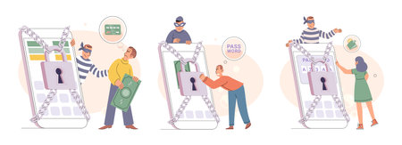 Hacker attack protection, internet security concept. Cyber crime and internet scam phishing, thief steal personal information. Secure data management and protect information. Protected access controlのイラスト素材