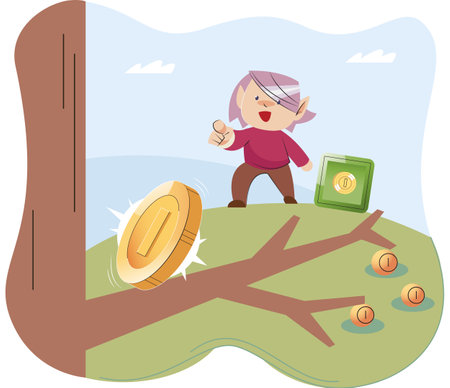Play to earn, video games in which player can receive rewards with real value, blockchain projects. Cyber cartoon characters playing games to earn cryptocurrencies, trying to find money and power upsのイラスト素材