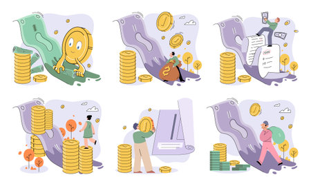 Golden coins pile, magnet and money. Financial literacy metaphor for passive income vector set. Rental activity income, upfront investment, accelerate your financial goals, savings accountsのイラスト素材