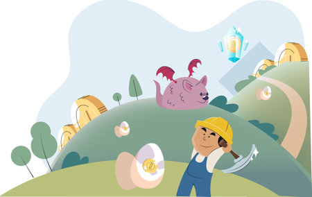 Gaming with cryptocurrency, gameplay to earn, Metaverse, digital world, virtual character . Play to earn games created on basis of blockchain project with elements of NFT. Blackchain mobile gameのイラスト素材