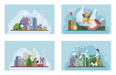City landfill with garbage. Polluted area, garbage dump background. Earth day. Heaps of waste, stray dogs waste pollution cityscape cartoon backdrop. Junkyard, wasteland. Environment pollution problemのイラスト素材