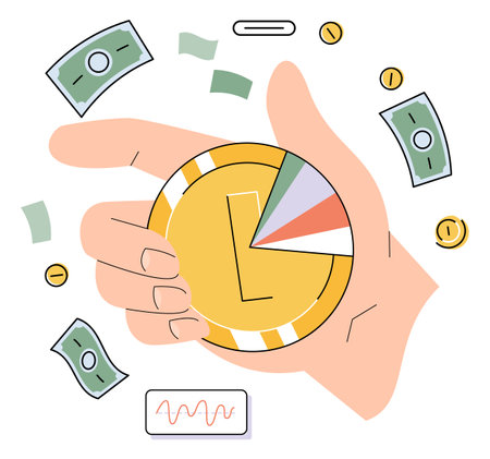 Cartoon hand of businessman holds golden coin, flying banknotes. Concept of financial operation with money bills and cash. Investment and commerce, passive and active income, profit growth graphのイラスト素材