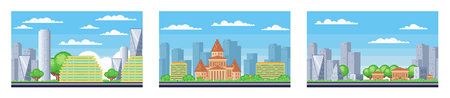 Pixel art landscape. Urban street view, 8 bit city park road, with background buildings and apartments in pixel art, pixel cityscape. Pixelated scene, pixelation gaming playing level, 8 bit cityのイラスト素材