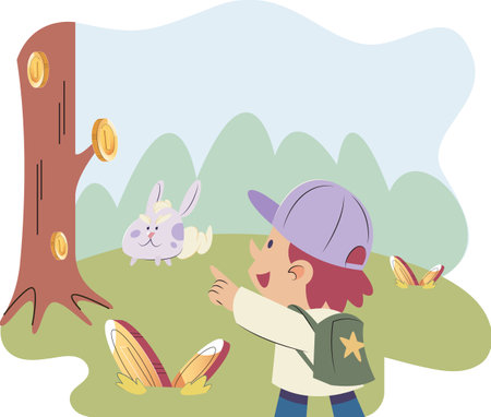 Play to earn video game with cute kid character trying to find money in gorest, player can receive rewards of real value for completing tasks or reselling something received in computer or mobile gameのイラスト素材