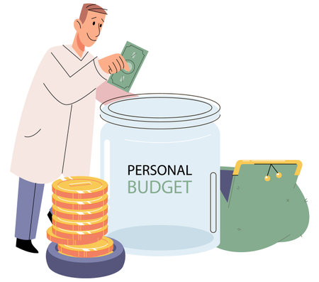 Savings, financial investment economic literacy. Personal fund budget, income and corporate growth. Bank deposit concept. Person putting money in glass jar. Man holding golden coin and dollar billのイラスト素材