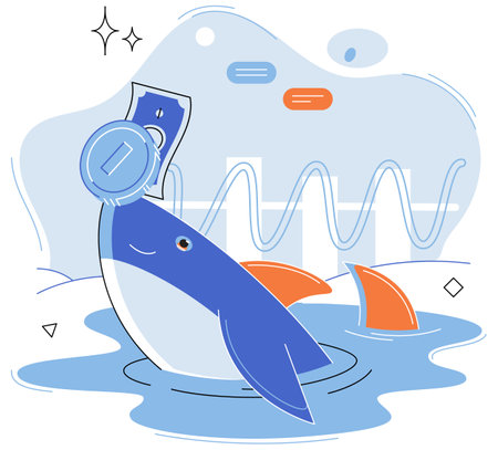 Shark emerges from water and holds gold coins on its nose. Trading hamsters and whale metaphor set. Fake data for business valuation. Inexperienced investor, bad investment, experienced tradersのイラスト素材