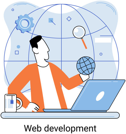 Web development metaphor, coding and programming responsive layout internet site or app of devices. Creation digital Software mobile, desktop platforms. Computer code, tablet, phone, digital businessのイラスト素材